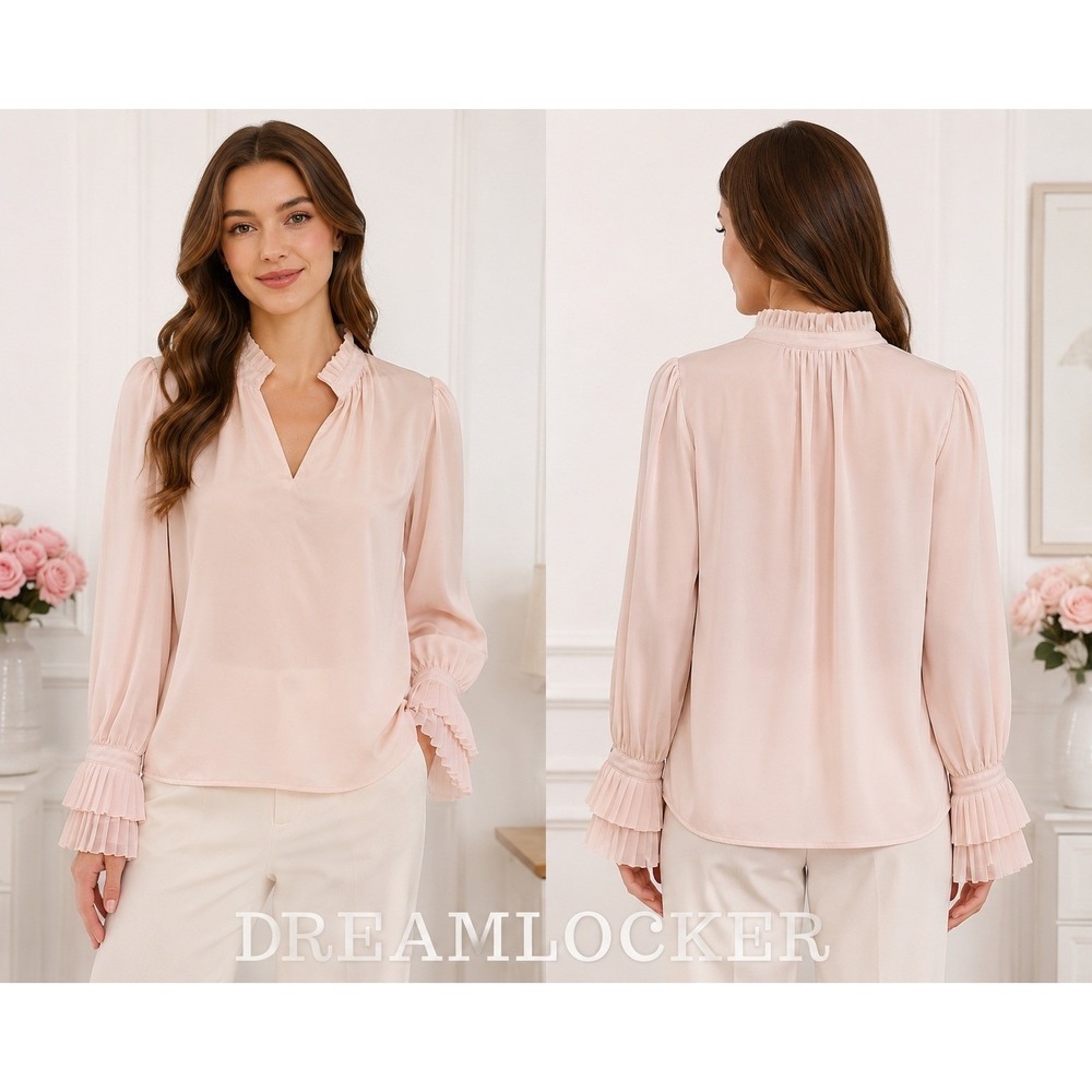 Jason Wu Womens Blush Pink Pleated Ruffle Cuff V-Neck Blouse Medium